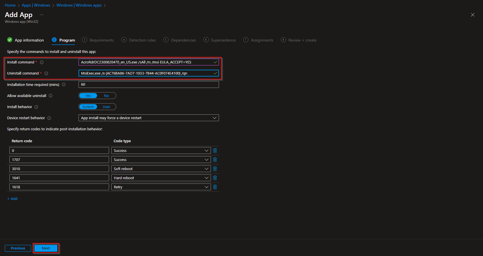 Configuring program install and uninstall commands